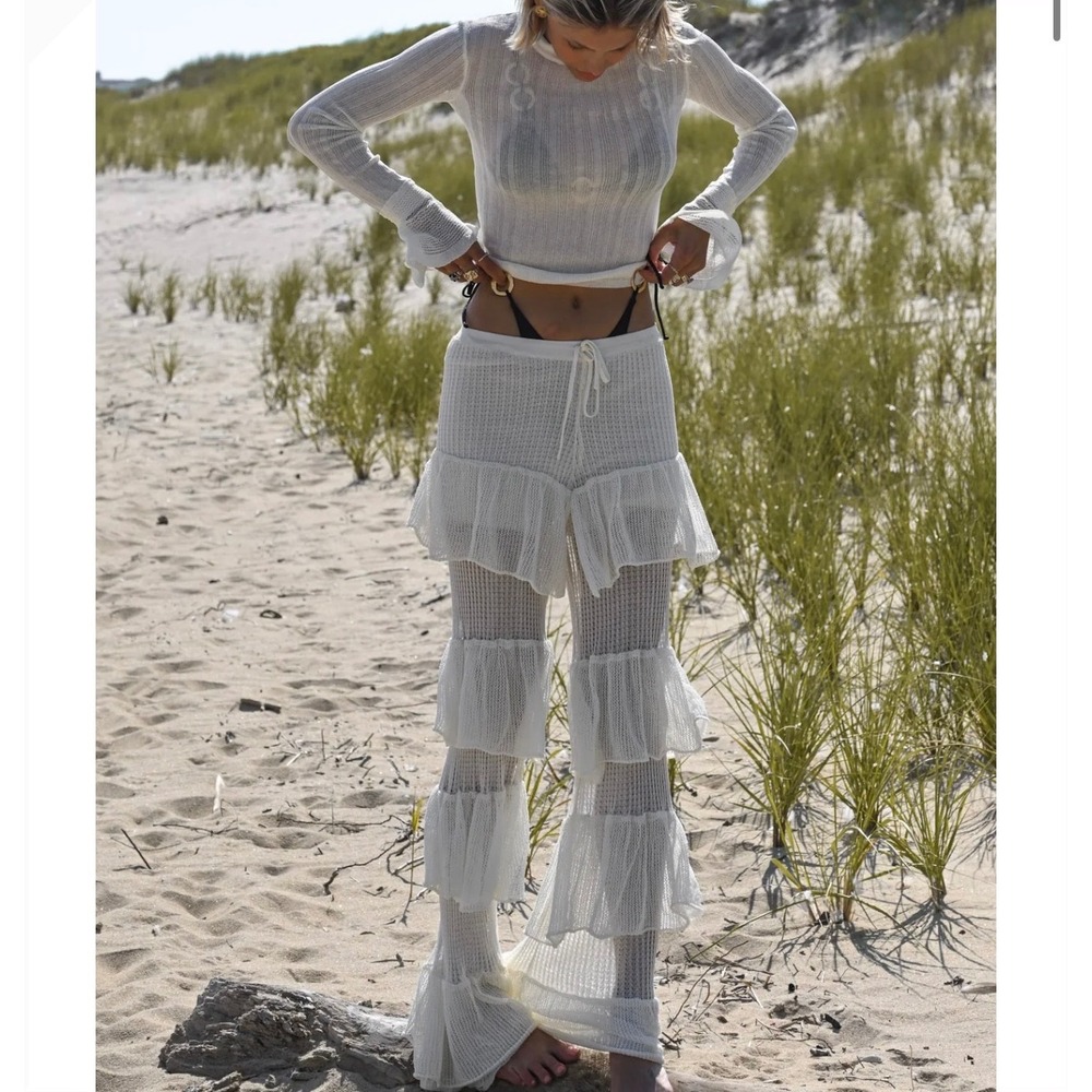 YLLW Clara Ruffle Pants Small Ivory Cream Knit Sheer Boho Festival honeymoon
